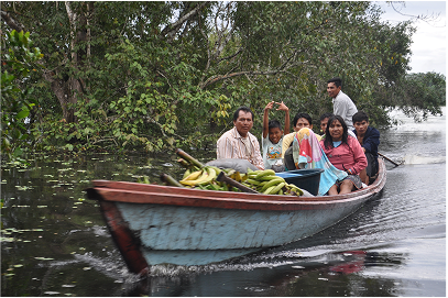 Families travel by boat during the wet season, here the locals sell banana back to the mainland in exchange for fish, grain and rice.