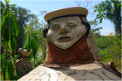 Painted clay Sculpture of "la madre" Shipibo artisanal masterpiece in the local village.